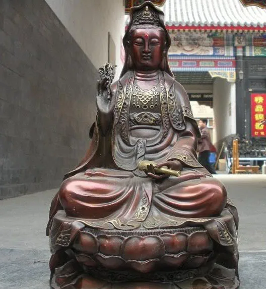 

15"China Tibet Buddhism Red Bronze Kwan-Yin Bodhisattva Buddha Statue