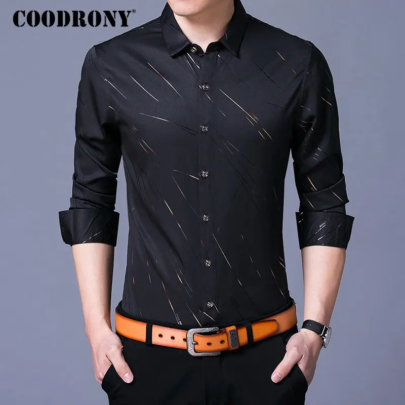 COODRONY Casual Shirts Long Sleeve Shirt Men Dress Brand Clothes Autumn New Arrivals Cotton Camisa Masculina Plus Size 8742 - Color: Black