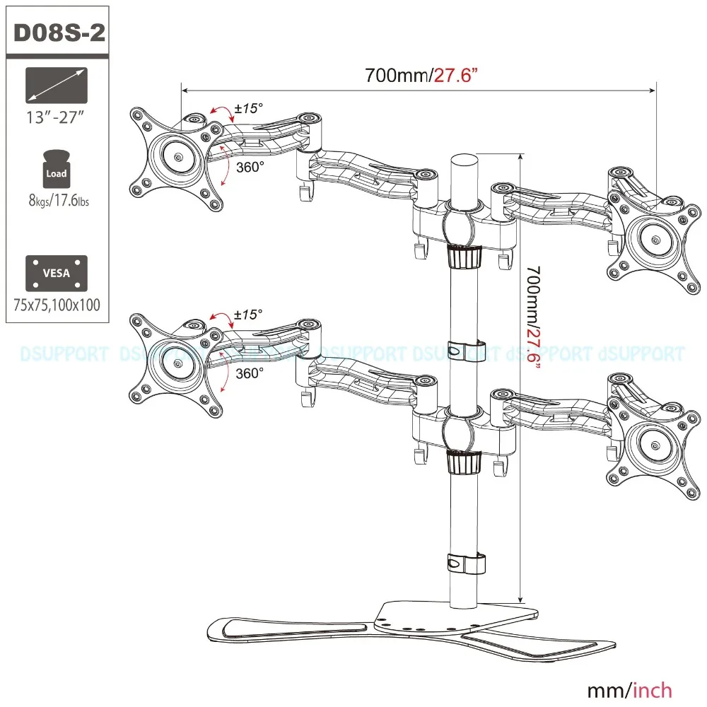D08S-2 алюминиевый сплав настольная подставка 4 экран монитор держатель полное движение ТВ кронштейн