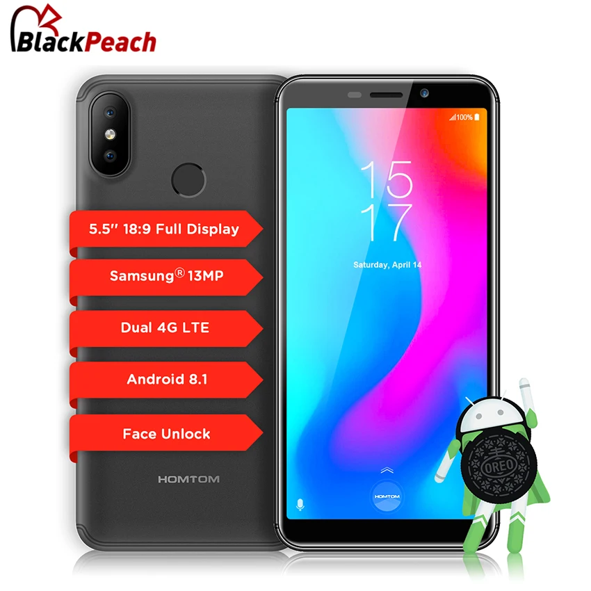 

HOMTOM C2 Mobile Phone Android 8.1 5.5"18:9 Full Display MT6739 Quad Core 2GB+16GB Face ID 13MP Dual Back Cameras 4G Smartphone