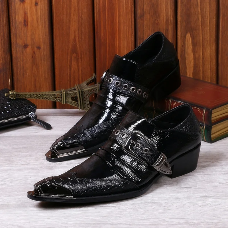 

New Fashion Iron Pointed Toe Men Stage Shoes Metal Buckle Nightclue Bars Shoes Height Increasing Men Party Wedding Casual Shoes