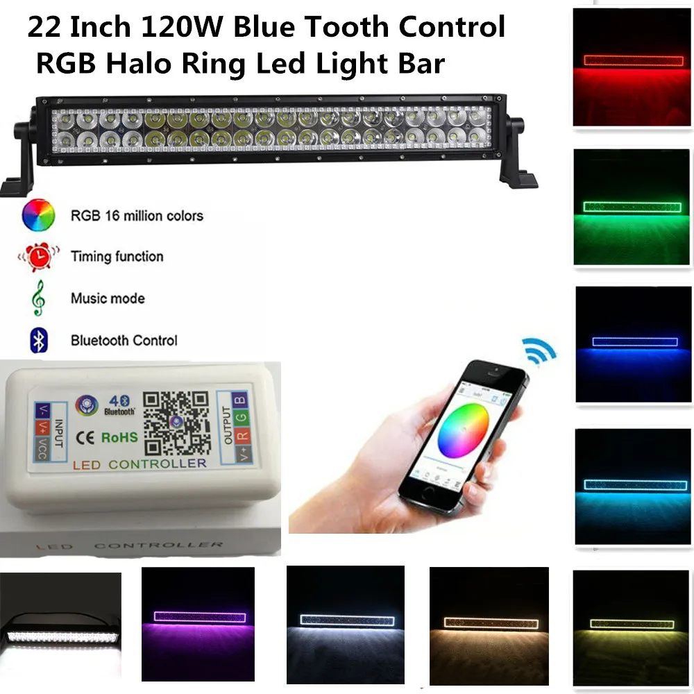 Honzdda RGB Halo Ring Led Light Bar 22 Inch 120w Offroad Bluetooth APP