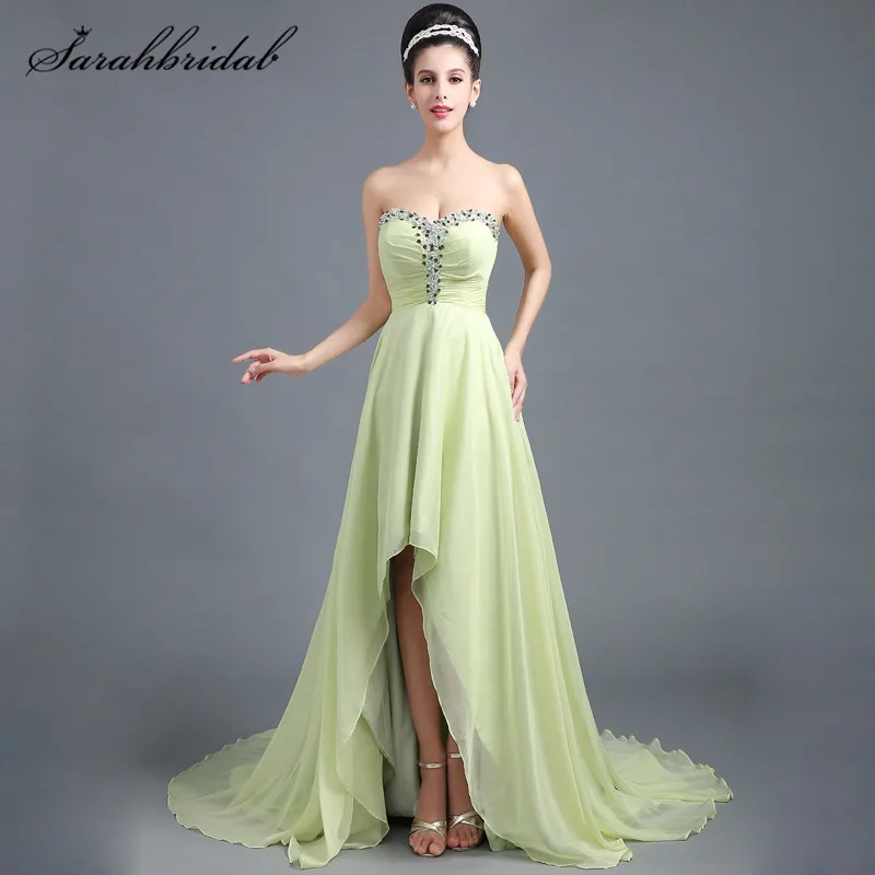 

Sexy Youthful Chiffon Prom Dress Sweetheart Back Zipper Strapless Court Train Prom Celebrity Gowns Beading Hi-Lo in Stock SD299