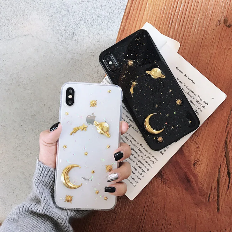 

Glitter Bling Phone Case For iphone XS Max Case For iphone XR X 6S 6 7 8 Plus Back Cover Cartoon Moon Stars Planet Soft Cases