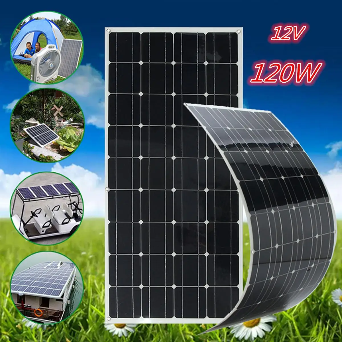 

KINCO 2Pcs/set 12V/120W Semi-Flexible Solar Panel Monocrystalline Silicon Solar System Power Supply For Car Battery +1.5m Cable