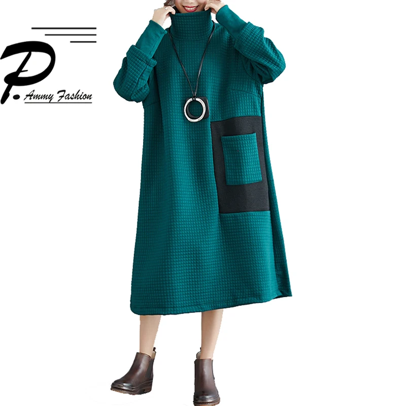 

Plus Size Padded Cotton Turtleneck Long Sleeves Loose Jumper Dress Women Autumn Winter Oversized Thick cotton Warm Tunic Dress