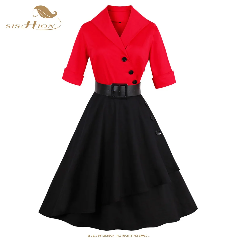 

SISHION Half Sleeve Black and Red Summer Dress Plus Size Women Clothing Patchwork Button Tunic 50s Vintage Retro Dress VD0592