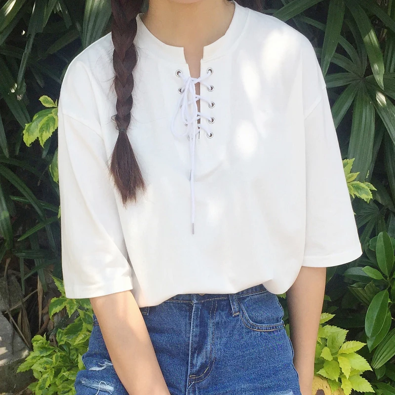 

Simple All Match Solid Ties Fashion Basic Loose Casual Short Sleeve Female T-shirts