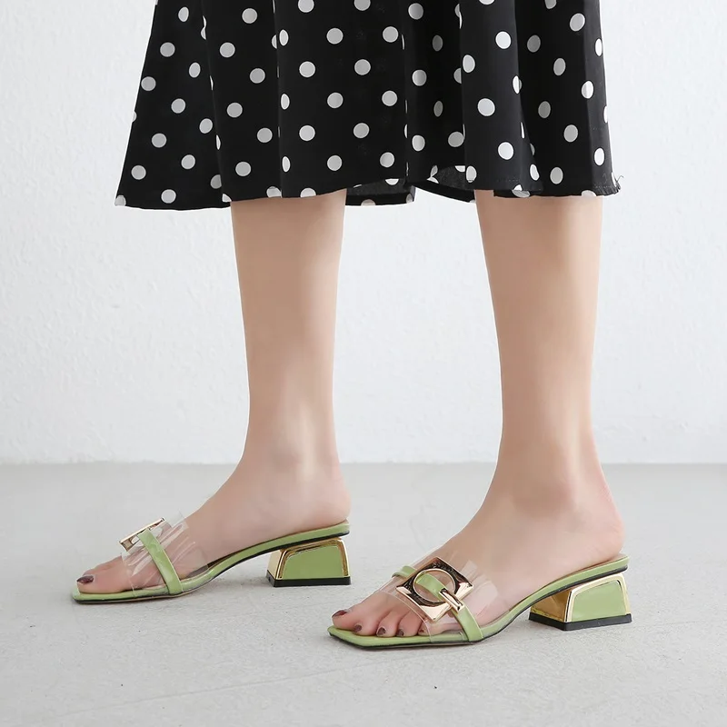 EGONERY/зеленые Шлепанцы из натуральной кожи; женская модная летняя обувь; цвет синий, белый; тапочки из овчины; пляжная обувь для улицы; крутая обувь на среднем каблуке для девочек