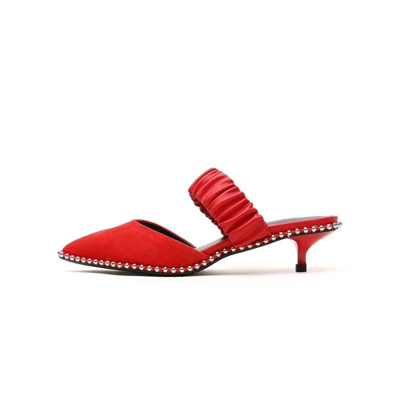 Curvaness/ г.; женские шлепанцы; женская повседневная обувь на тонком каблуке; тапочки шлепанцы без застежки с острым носком и жемчугом; босоножки на низком каблуке - Цвет: Красный