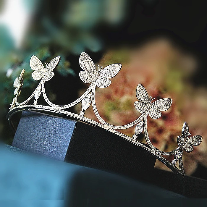Micro Paved Butterfly Full Zircon Tiara Bride CZ Crown Diadem Wedding