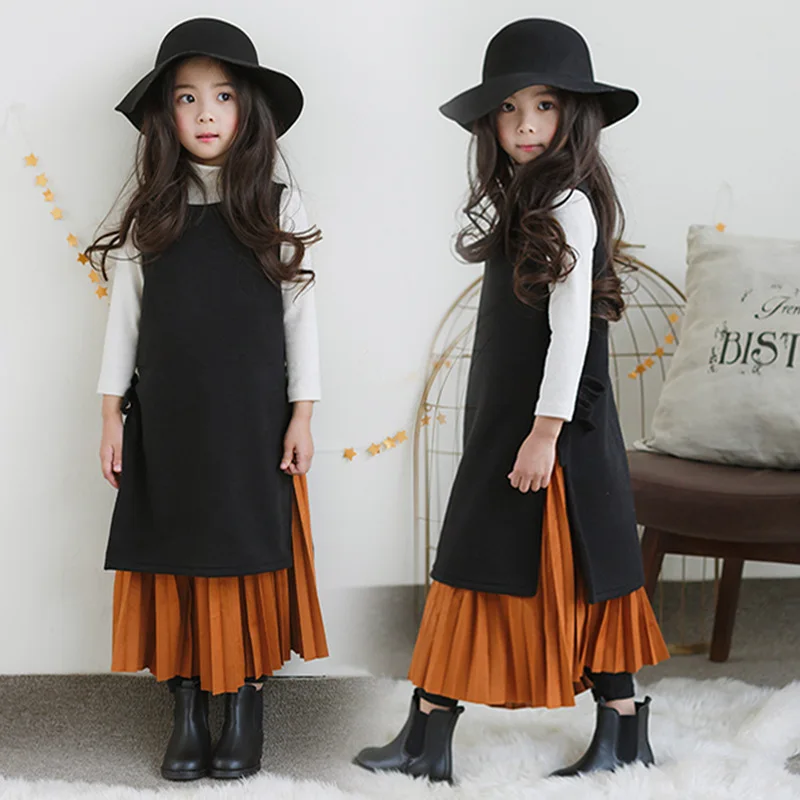 

Family Matching Clothes Outfits Mother Daughter Pleated Skirt Vest Autumn 2018 Cotton Dress for Girls Kids Family Look Dress