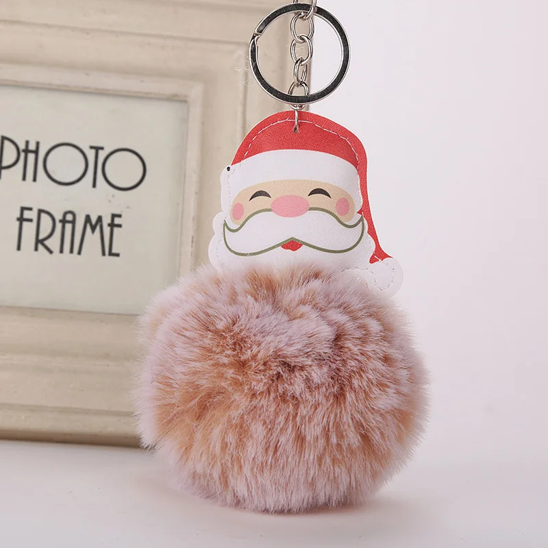 Пушистый Санта брелоки с изображением Клауса для крышки ключа помпон искусственный мех кролика мяч подарок папы на Рождество брелок держатель кулон аксессуары - Цвет: Coffee White