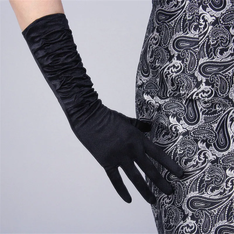 Satin Silk Gloves Pleated Elastic Silk Pearlescent Satin Red Long Elbow Female Vestido De Novia Woman's Gloves 38cm 50cm TB110