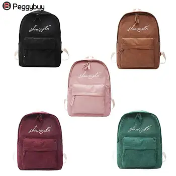 

Vertical square Women Letter Print Backpack Preppy Style Girls Corduroy Travel School Bags For Teenager
