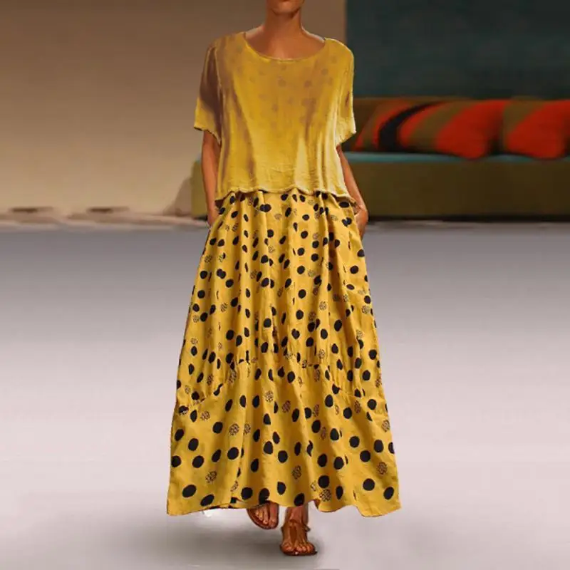 

Summer Casual 2 Piece Plus Size Dress O-Neck Women 2019 Short Sleeve Dot Print Loose Long Dress Vestidos