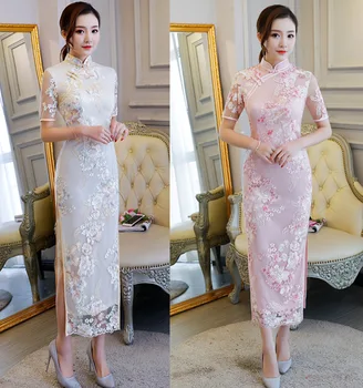 

Vintage Slim Women Long Qipao Chinese Style Embroidery Flower Cheongsam Elegant Short Sleeve Summer Lace Dress Plus Size XXXL