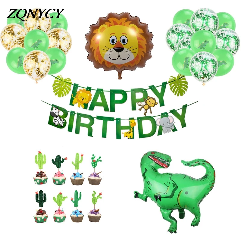 Happy Birthday Banner Safari Animal Balloons Dinosaur Lion Foil Balloons for Kids Birthday Party Decor Jungle Party Decorations