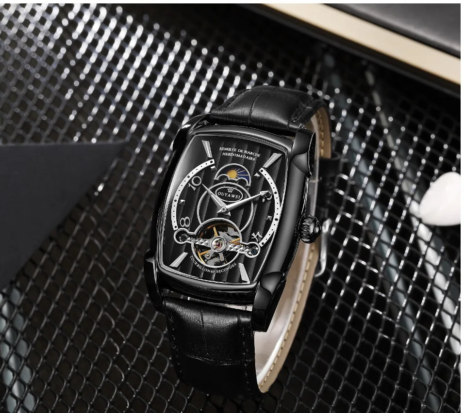 Роскошные OYW модные автоматические мужские механические часы Tourbillon деловые часы Tonneau Форма кожаные Наручные часы Relojes Hombre