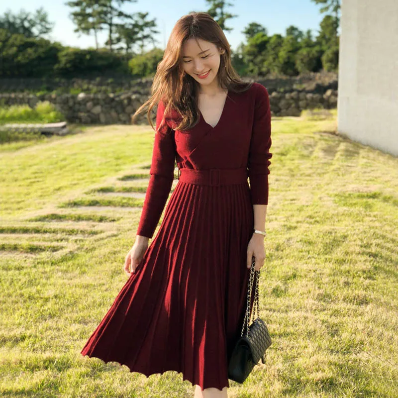 

NORMOV New Fashion Women Knitted Pleated Dress Fall Winter Long Sleeve Thick Sweater Solid Sexy V Neck Sashes 4 Color Dress