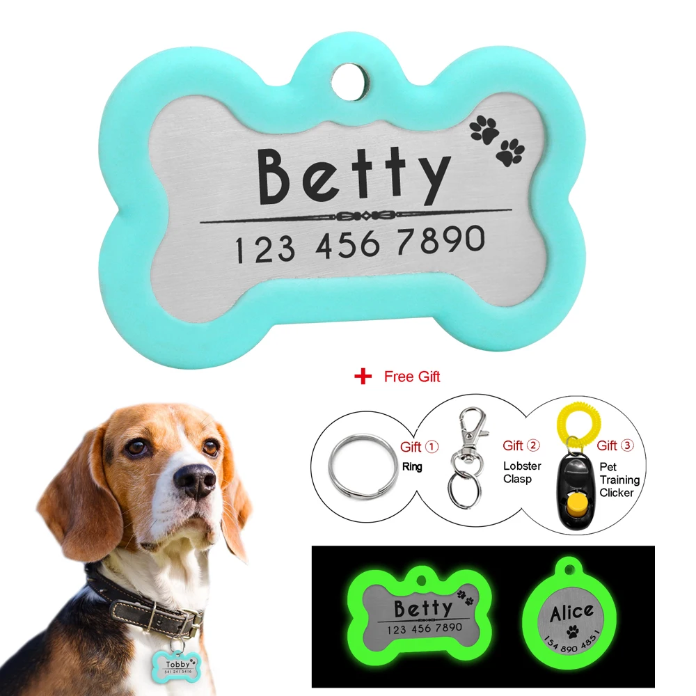 

Luminous Dog Tag Night Safety Dog Id Tag Customized Pet Cat Tags No Sound Engraved Glow Light Pet Collar Pendant Free Clicker