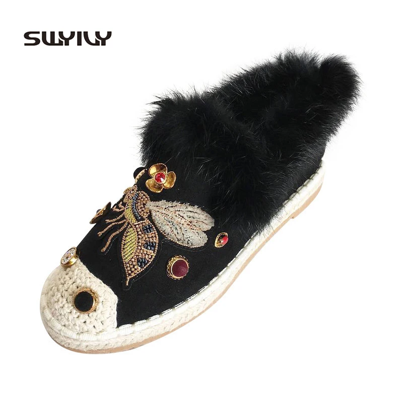 

SWYIVY Winter Womans Loafers Embroidery Warm 2019 Spring Hot Ladies Flat Beautiful Shoes Casual Plush Velvet Loafers Shoes Women