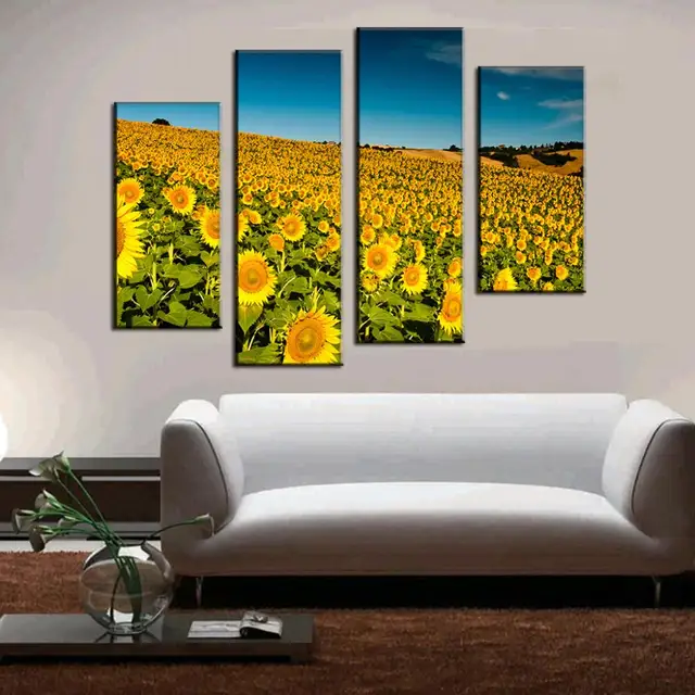 4 pcs set landscape combined painting the sunflower field canvas