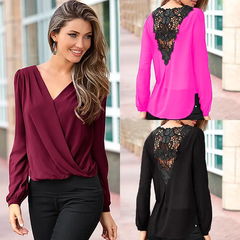 

Sexy Womens Lace Chiffon Blouse Shirts Crop Tops Ladies Summer Casual V-neck Tops Long Sleeve Party Shirt Loose Blouses Jumper