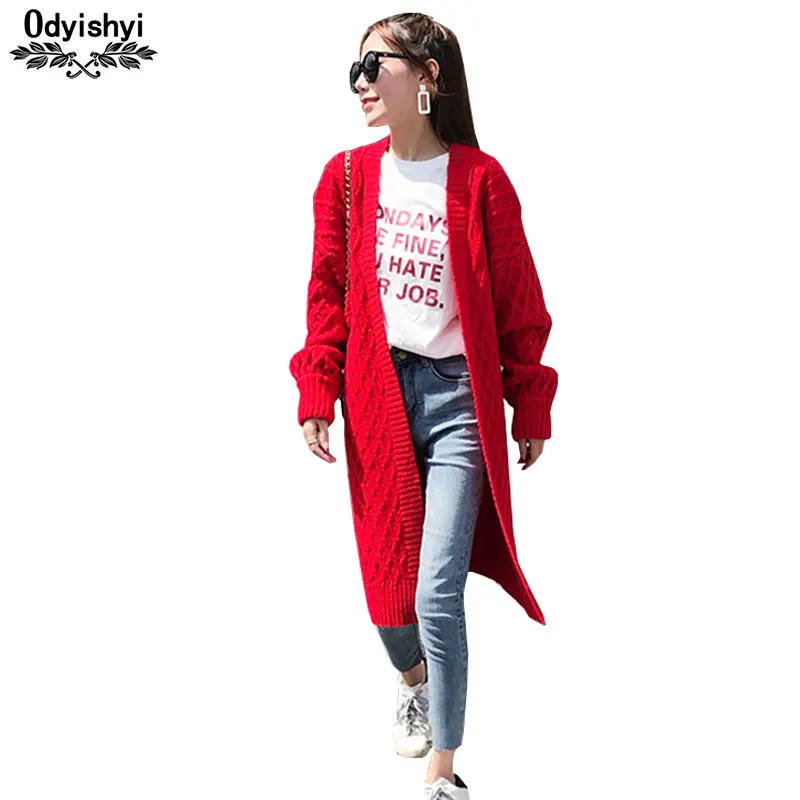 

Spring Autumn Long Cardigan Sweater Coat Women 2019 Wool Knitting Cardigans Jacket Korean Loose Red knit Sweater Coat Female H67