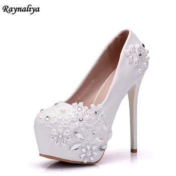 

New 14CM High Heels Bridal Wedding Shoes White Rhinestones Lace Beading Pumps Shoes Spring Summer Bridesmaid Shoes XY-A0000
