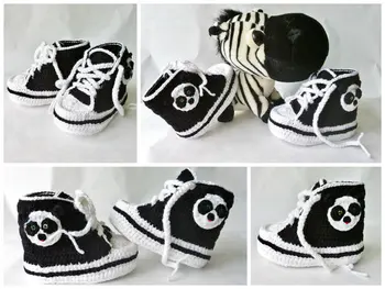 

Children Sneakers Crochet Panda Booties Child's High Top Sneakers - Black White shoes
