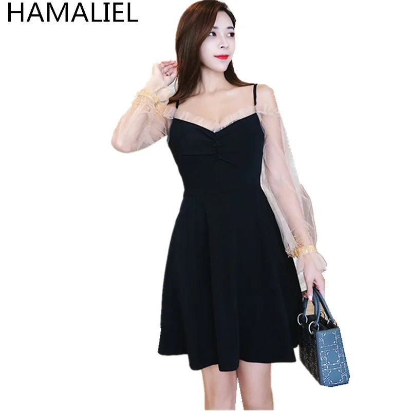 HAMALIEL Luxury Autumn Women Dress Runway Designer Mesh Patchwork Black Beading Ladies Sexy V Neck Long Flare Sleeve Party | Женская