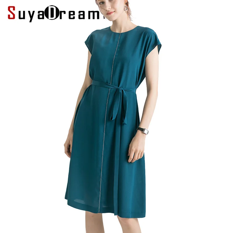 Vestido de Seda Vestido de Verão para as Mulheres Suyadream Mulheres Real Seda Crepe Sash Sólido Escritório Midi Vestidos 2020 100%