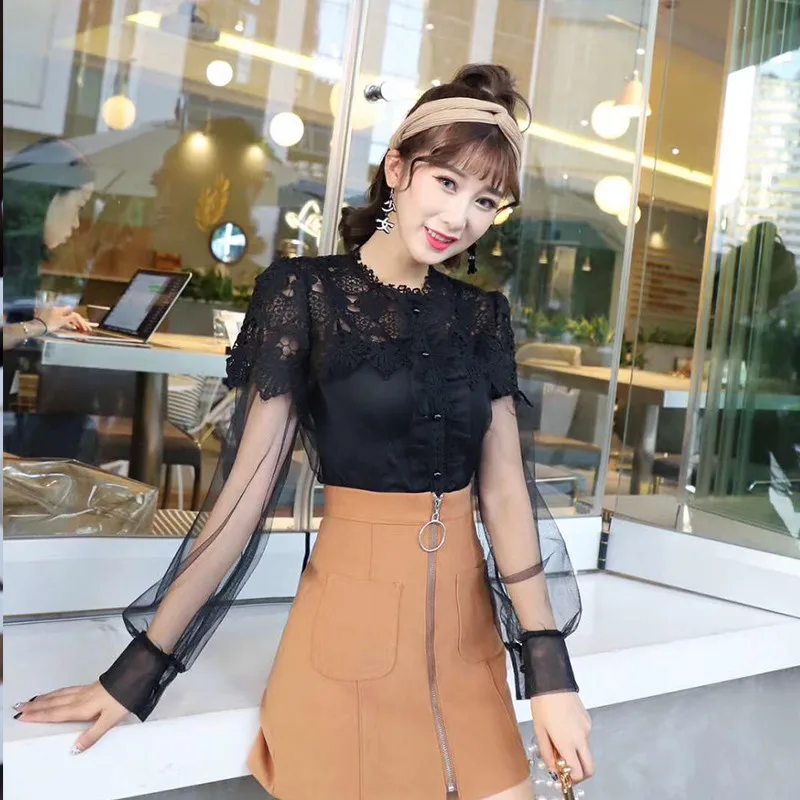  Two Piece Shirt +Tank Tops Women Hollow Out Mesh Blouse Sweet Floral Lace Shirts Female Lantern Sle