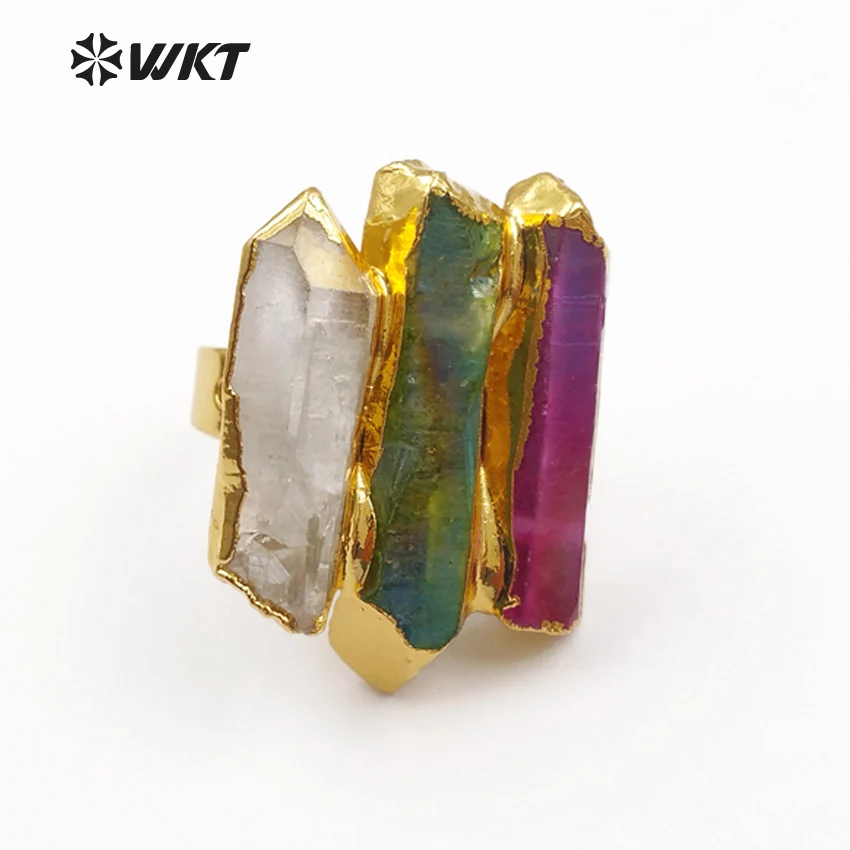 WT-R302 WKT 10 шт. смешанные партии для женщин натуральный камень кольца Винтаж aura кварц с красочными случайный размер Шарм покрытием