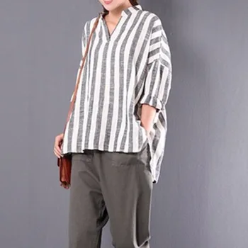 

Shirt Female Autumn Striped Split Irregular Hem Long Sleeve V Neck Casual Cotton Linen Blouse Tops Plus Size M-3XL