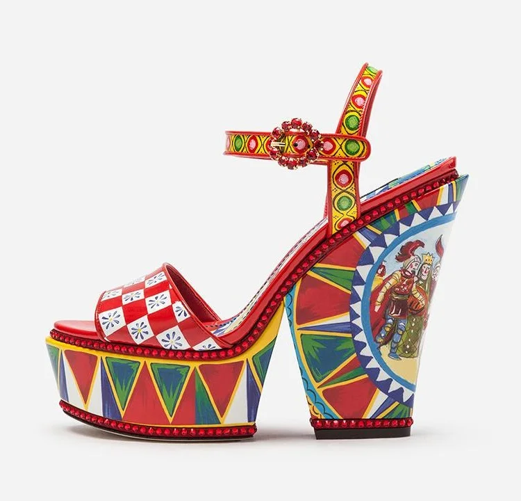 

New Arrivals Colorful Print Leather Wedge Sandals Peep Toe Crystal Ankle Strap Ethnic Ladies Sandals High Platform Banquet Shoes