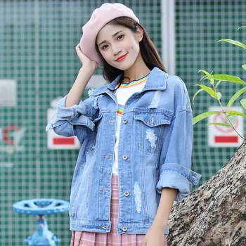 

2019 Boyfriend Denim Jacket spring Autumn Womens Jackets And Coats Blue Lapel Single Breasted Casual Ripped Hole Jacket