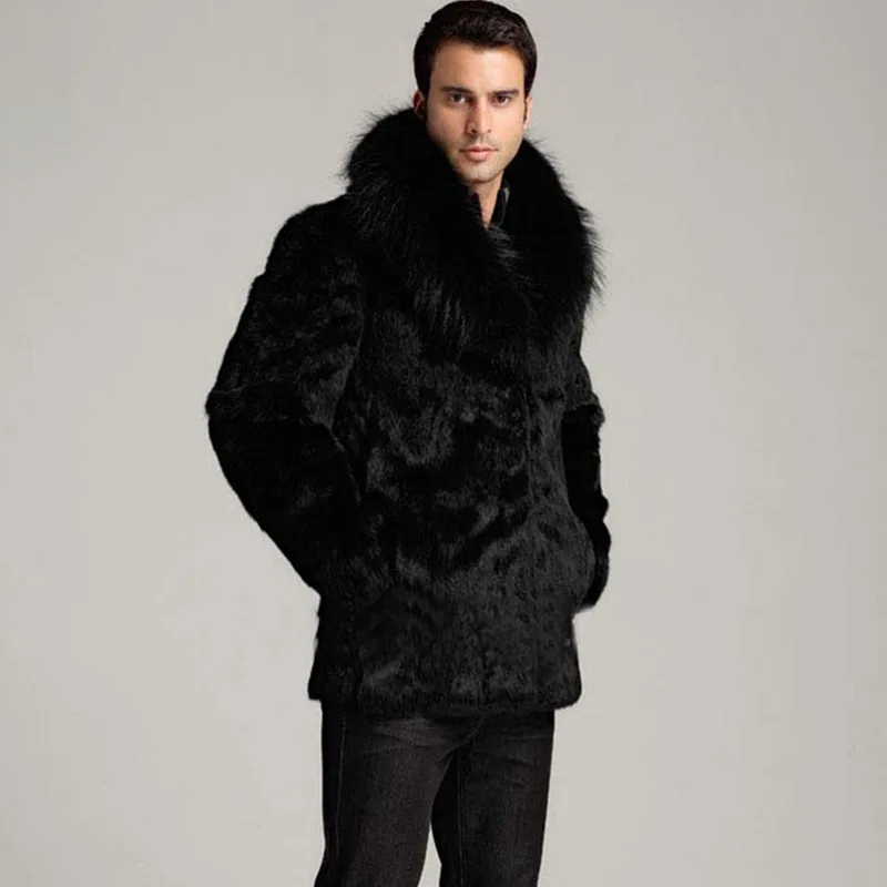 Italy Designer Mens Business Work Winter Faux Fox Fur Coats Office Thick Warm Parka Fox Fur Collar Overcoats Loose Black Jackets