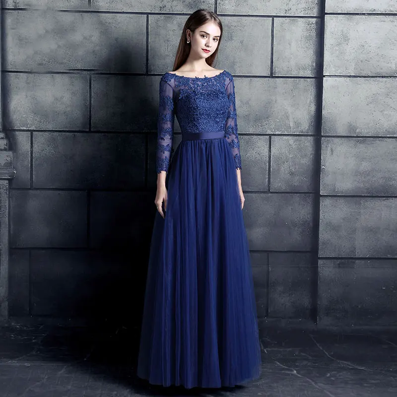 Новое поступление, платья для выпускного вечера, vestido de noiva sereia robe de soiree, вечернее элегантное кружевное платье с длинными рукавами и бантом, темно-синее длинное платье - Цвет: navy blue