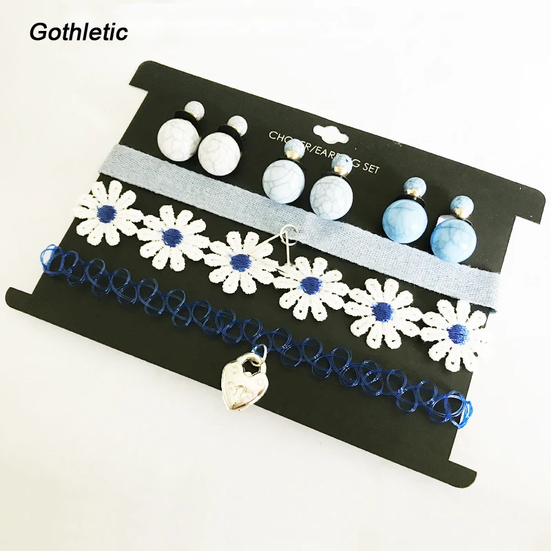 

Gothletic 2019 Fashion Front Back Reversible Earrings Necklace Pack Blue Denim Tattoo Daisy Choker Summer Jewelry 6pcs/set