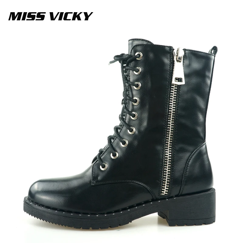 

MISS VICKY Women's Motorcycle Boots Plush Half Boots High Quality Black Fashion Women's Casual Martin Boots