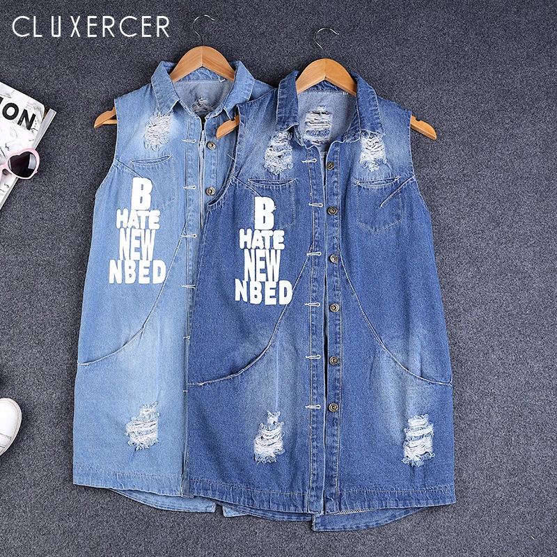 Spring Summer 2019 New Casual WomenSleeveless Frayed Holes Long Denim