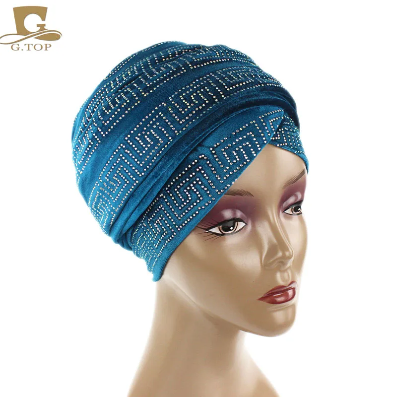 Модный женский шарф-тюрбан из вельвета с бриллиантами, длинный головной убор, роскошный хиджаб, головной платок, тюрбан