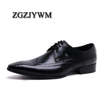 

ZGZJYWM Fashion Carved Style Spring Autumn Men's Business Pointed Toe Lace Up Casual Genuine Leather Oxfords Men Wedding Shoes