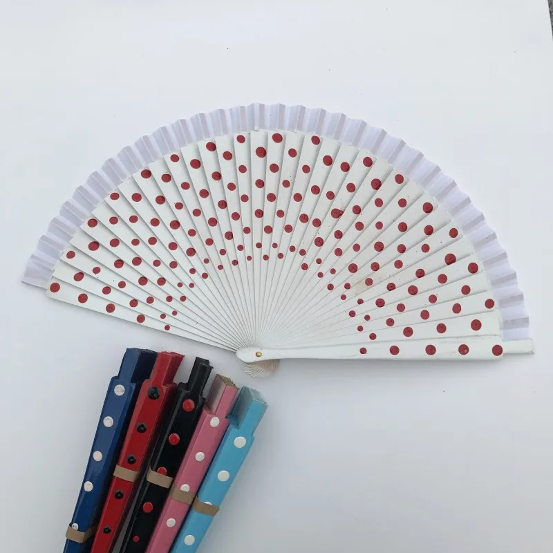 

Free shipping 12pcs/lot Polka Dots Design Spanish Style Wood Fan Wedding Party Gift Favors with 6 colors available