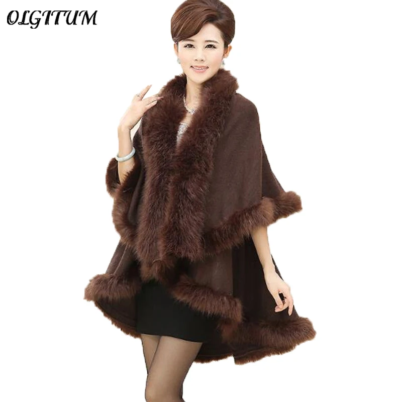 

2019 Spring Autumn Winter Women Long Cardigans Fake Fox Fur Collar femal Cashmere Sweaters Shawl Knitted Cardigan Poncho