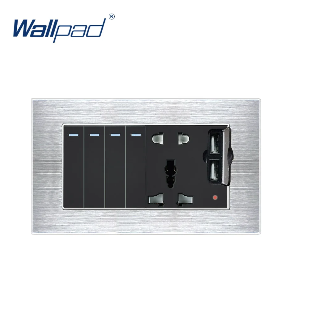

4 Gang 2 Way Switch With 5 Pin Socket 2 USB Charger Wallpad Luxury Wall Outlet Satin Metal Panel 146*86mm 5V 2400MA
