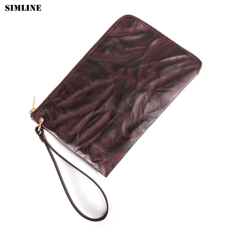 

SIMLINE Genuine Leather Men Clutch Wallet Vintage Business Men's Long Zipper Wallets Purse Ipad Bag Bags Card Holder For Male