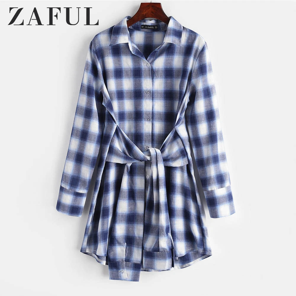 Zaful ボタンダウンチェック柄結び目シャツドレス女性のコットンシャツ襟長袖ミニドレスドレス女性服 Vestidos Dresses Aliexpress
